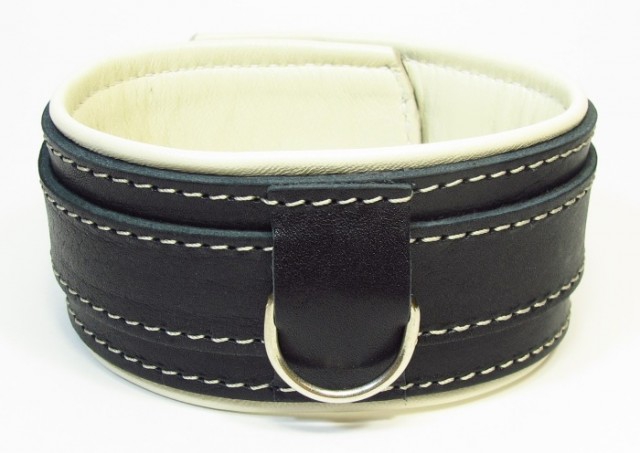 Ошейник "BDSM-Арсенал" черный с бежевым, кожа 